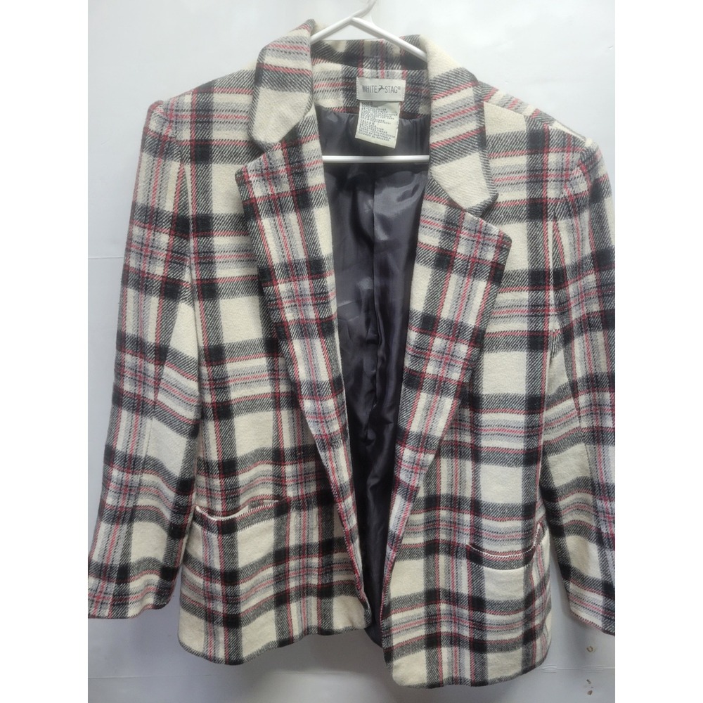 White Stag Womens Wool Blend Plaid Blazer Jacket Ivory Black Red W5511652 Size 6 - Picture 4 of 8
